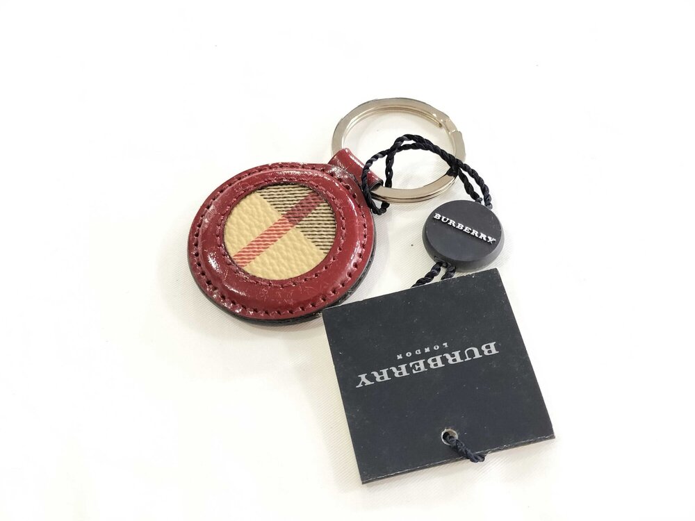 Burberry Burgundy Patent Leather & House Check Round Bag Charm Keychain